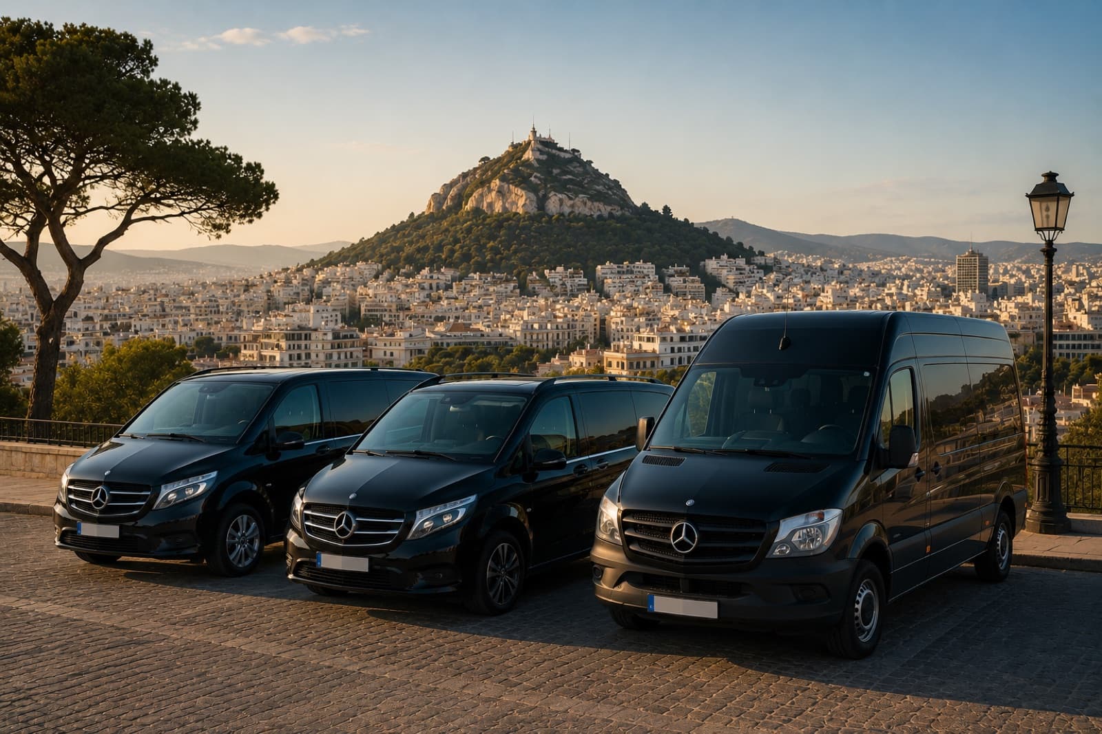 Black Mercedes vans and a Sprinter parked above the Athens cityscape at golden hour