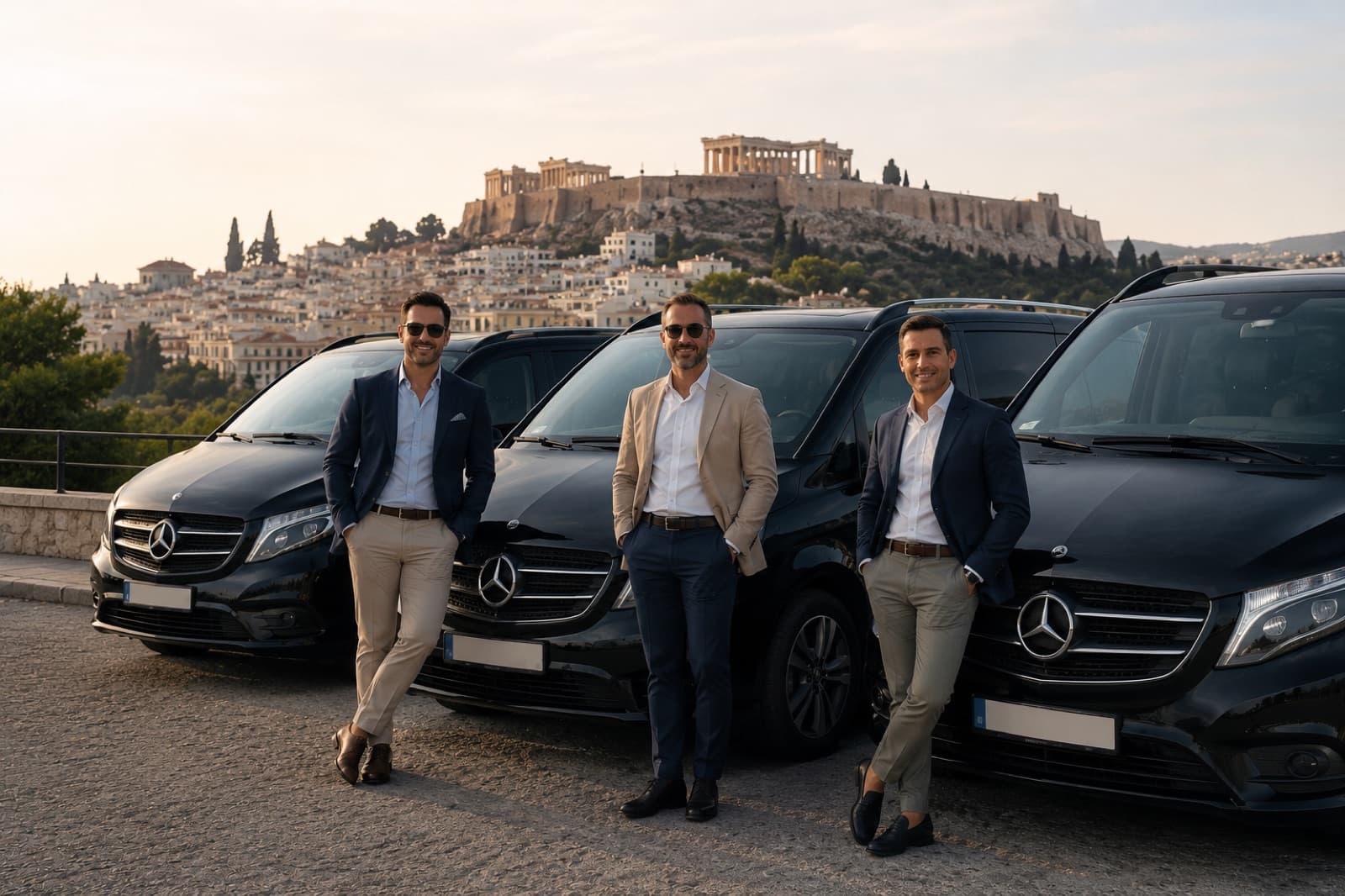 Three professional chauffeurs standing beside black Mercedes vans with the Acropolis behind
