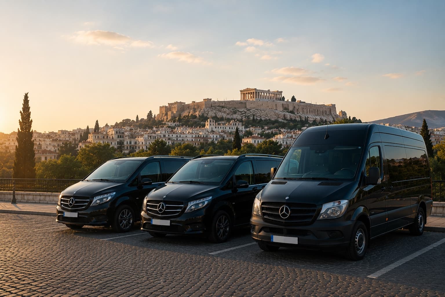 Three black Mercedes vans and a Sprinter minibus parked on cobblestones with the Acropolis of Athens behind at golden hour