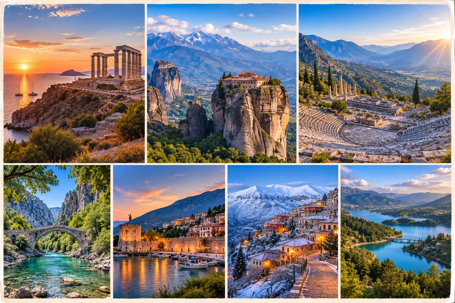 A collage of Greek destinations reachable on a private tour from Athens — Cape Sounio, Meteora, Delphi and more