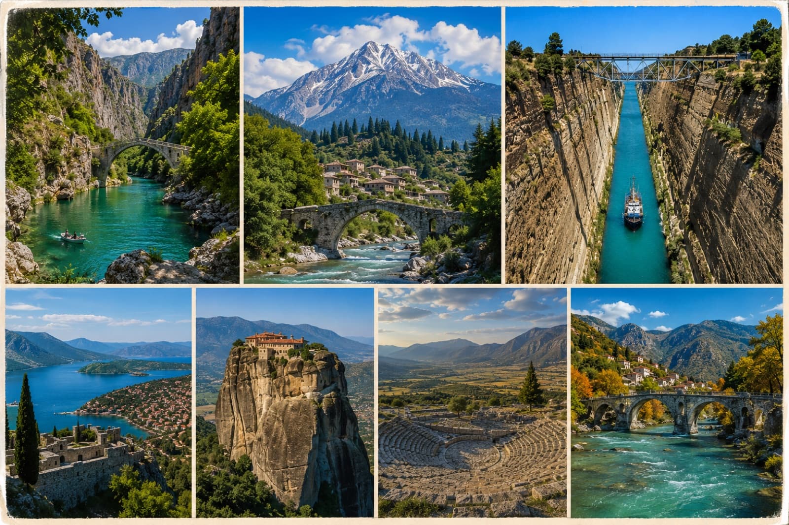 A collage of Greek destinations reachable on a custom private tour from Athens