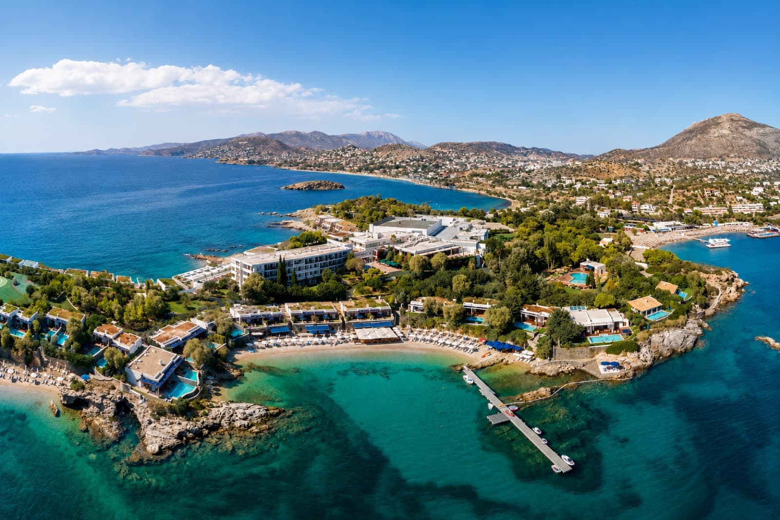 The Athens Riviera coastline with a seaside resort and turquoise bays
