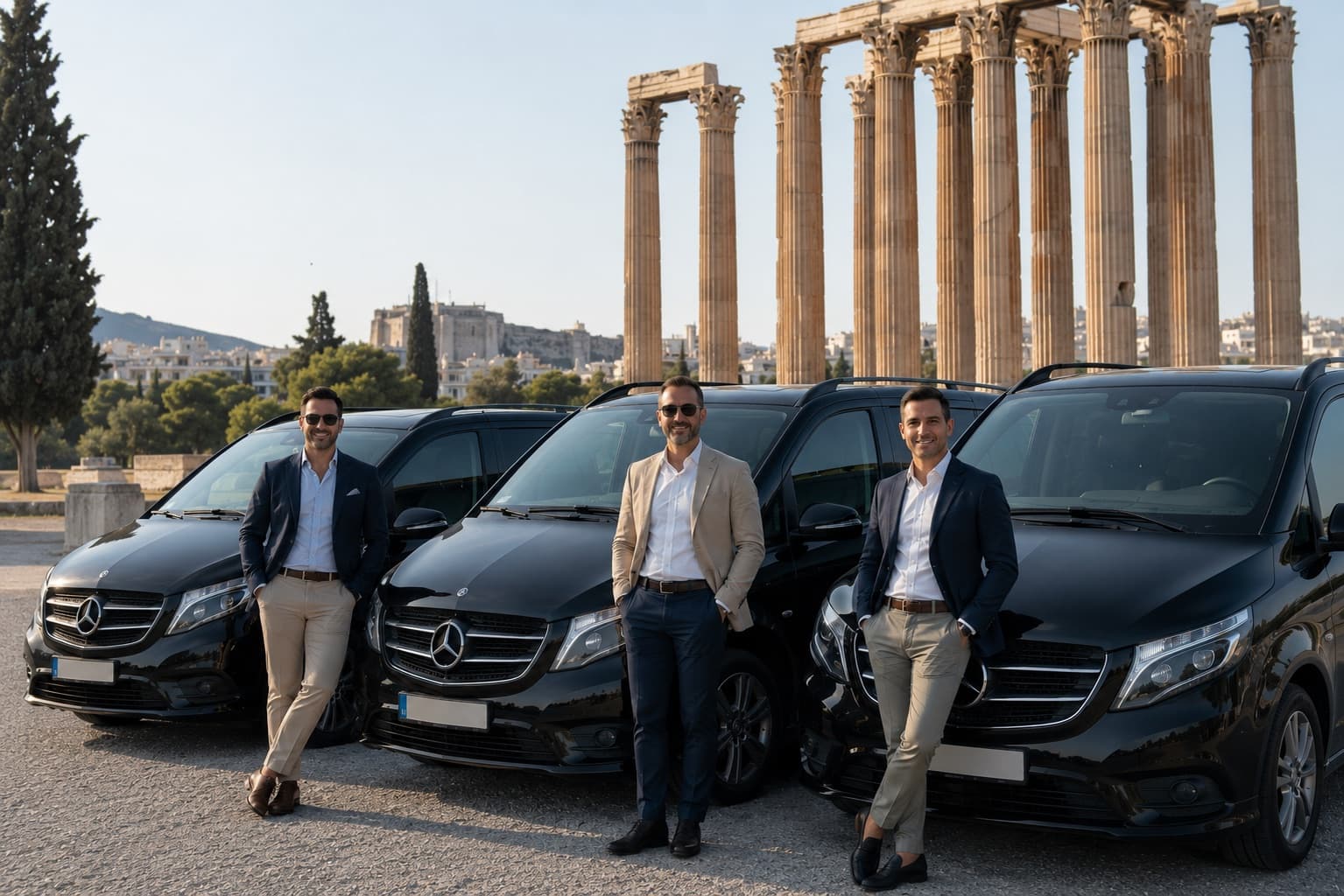 Three professional chauffeurs in suits standing beside black Mercedes vans at the Temple of Olympian Zeus in Athens